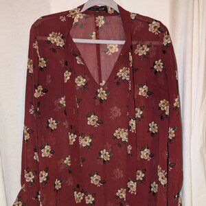 Brick color with cream floral print, sheer, tie-neck blouse by Sweet Rain, Lrg